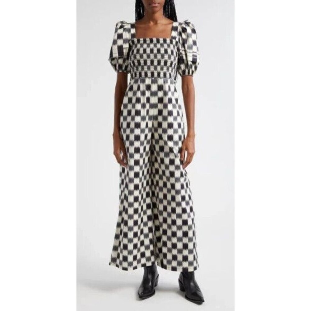 Autumn Adeigbo Nicolette Puff Sleeve Black‎ & White Brushed Check Jumpsuit 2